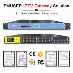 FMUSER enterprise IPTV FBE700 gateway hardware showing CE FCC and RoHS certifications for hospitality TV systems
