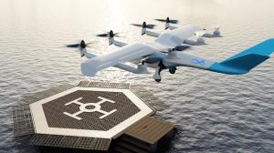 Visualisation of a Vertical Aerospace eVTOL landing on a FlyOnE Charging Pontoon