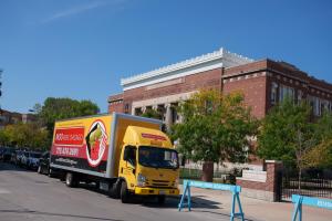 MOOvers Chicago truck in Albany Park, in front of Albany Park Academy