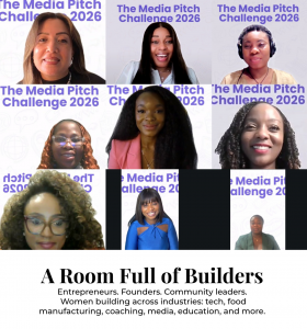 Virtual event screenshot showing finalists, judges, coaches, and winner Dr. Omo Ogbamola at the Women of Rubies Media Pitch Challenge 2026.