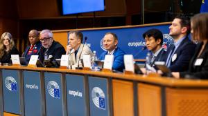 M. Ovtsynova, M. Burns, A. Ragusa, J. Kára, O. Knotek, J. Ahn, A. Masny, A. Kotlyar at the European Parliament during the conference titled “NANOPLASTICS: HIDDEN CONNECTIONS AND EMERGING RISKS” - ALLATRA GRC