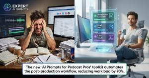 Podcast automation software concept showing stress-free workflow with AI prompts.