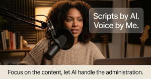 Podcaster recording episode with confidence using AI scripts.