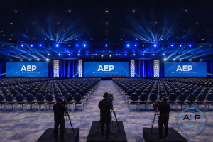 Corporate conference setup by Any Event Productions featuring professional Audio Visual production services, sound system rental, staging, lighting and video display in Texas
