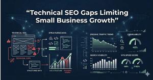 Illustration showing technical SEO elements including website structure, analytics dashboard, and search performance indicators
