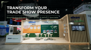 Pixelmate Exhibition Co., Ltd. has officially launched BoothBuilderBangkok (https://boothbuilderbangkok Corporate promotional banner for BoothBuilderBangkok.com showing modern miXscience exhibition booth with natural wood slat design, artificial grass carpet, white bar stools, and professional lighting at Bangkok trade show - highlighting Pixelmate's expert