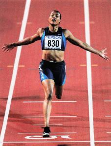 Track legend Marion Jones celebrates a powerful finish on the track, featured in the Spring cover story of Ageless Living LA Magazine.
