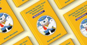 Patterned yellow book covers of Abusing the Public Trust: An Inside Look at Reintegration (Second Edition) by Dustin Merryfield, featuring a stylized cartoon police figure illustration.