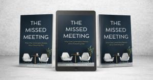 Mockup of the book The Missed Meeting by Pete Ketchum displayed as a paperback, ebook on a tablet, and hardcover against a neutral background.