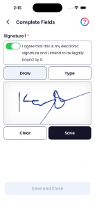 Quilia Ink e-signature capture screen showing drawn signature with consent toggle and save option on mobile