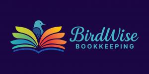 BirdWise Bookkeeping logo featuring a colorful bird perched on an open book with rainbow-gradient pages in green, yellow, orange, and blue, set against a dark navy background with the company name in teal script and block lettering.