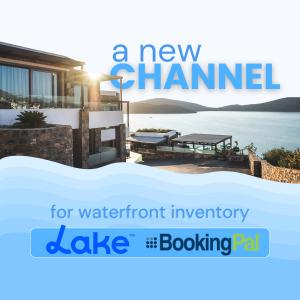Lake.com and BookingPal partnership announcement graphic highlighting expanded distribution for lakeside vacation rentals.