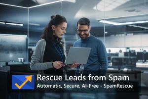CompanionLink Software has launched SpamRescue, a new SaaS tool that automatically monitors spam folders across multiple email accounts and surfaces legitimate client emails for review Woman and manager review rescued client email on laptop using SpamRescue spam folder monitoring tool
