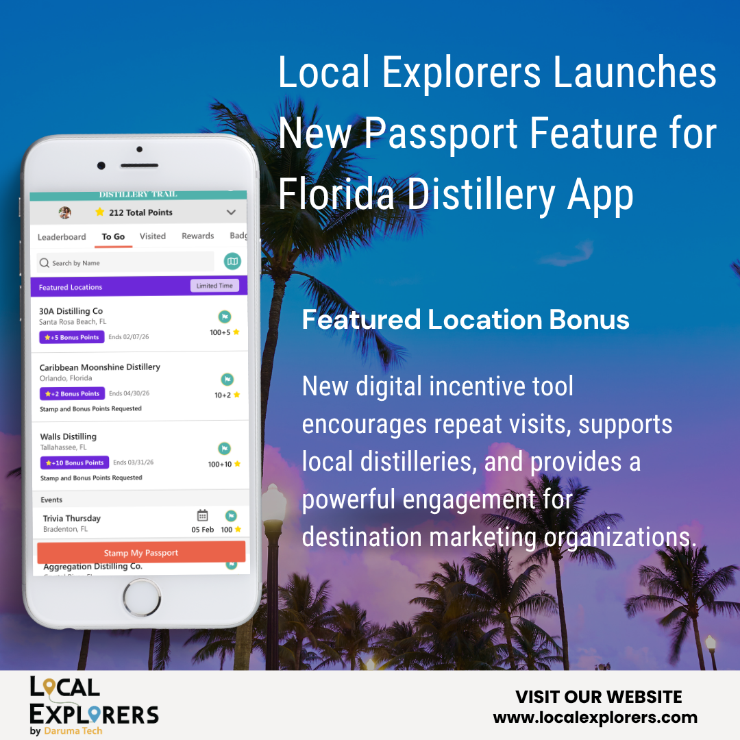LOCAL EXPLORERS DEBUTS NEW FUNCTIONALITY FOR THE POPULAR FLORIDA DISTILLERY TRAIL APP, CALLED ‘FEATURED LOCATIONS’