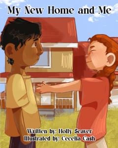 A smiling red haired girl extends her hand to a nervous boy with brown skin