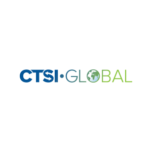 Logo of CTSI-Global. The letters CTSI form an arrow, and the Global uses a globe outline as the O.