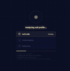 Screenshot showing the processing progress screen of a pond soil analysis run cream-colored graphics and text with a progress bar on a navy blue background.