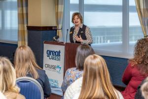 Cruise the Great Lakes, the region’s cruise marketing program, kicked off the 2026 regional cruising season by sharing its forecast at a press briefing in Erie, Pennsylvania, following the organization’s annual meeting Sally Davis Berry speaking to guests at March 25 media briefing