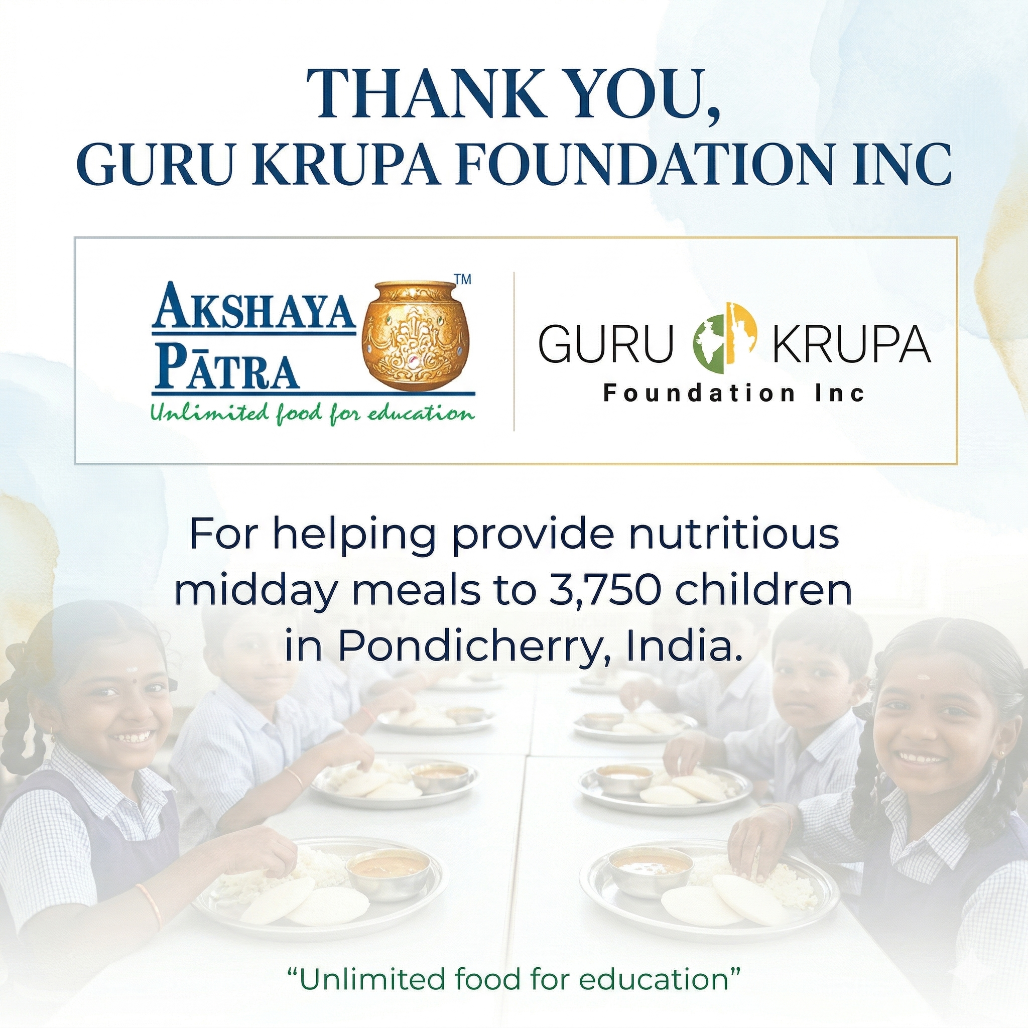 Guru Krupa Foundation Supports Akshaya Patra Foundation’s Mid-Day Meal Program in Pondicherry