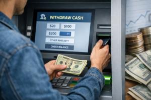 Person using an ATM to withdraw cash, showing withdrawal options and banking transaction process