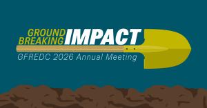 2026 EDC Annual Meeting Logo Groundbreaking Impact with a shovel in the center of the words and piles of dirt on the bottom.