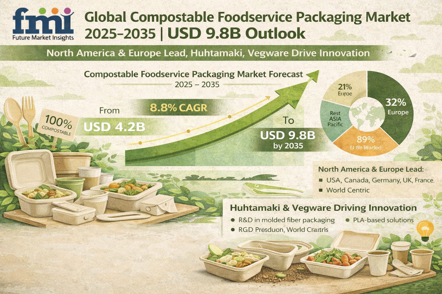 Compostable Foodservice Packaging Market 2025–2035 | USD 9.8Billion Outlook, NA & Europe Lead, Huhtamaki & Vegware Drive