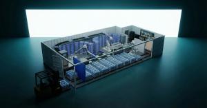 Interior of autonomous RELO micro-factory with robotic arms, conveyor systems, and refrigeration units producing water cold packs for direct-to-consumer cold chain through distributed manufacturing.