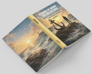 Open hardcover book mockup featuring the title “Becoming the Anchor That Does Not Move: Golden Truths for Personal and Family Growth, Volume 03.” The cover shows a person standing on rocky shoreline next to a large anchor at sunrise, with ocean waves cras