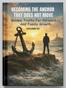 Book cover featuring a large metal anchor on a rocky shore beside a man standing and looking out over a turbulent ocean at sunset, with waves crashing and a lighthouse in the distance. The title reads “Becoming the Anchor That Does Not Move: Golden Truths