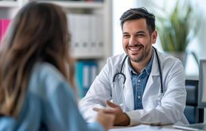 Female patient consulting with a male doctor in a clinical setting, representing personalized, patient-centered healthcare.