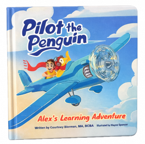 Book cover of Pilot the Penguin: Alex’s Learning Adventure, featuring a child and a penguin flying a blue airplane through the sky.
