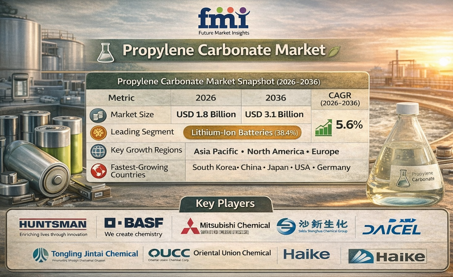 Global Propylene Carbonate Market to Reach USD 3.1 Billion by 2036, Lithium-Ion Battery Applications Lead with BASF