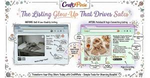 This image shows a white and purple graphic illustrating a “Listing Glow-Up That Drives Sales” for Etsy products, using a