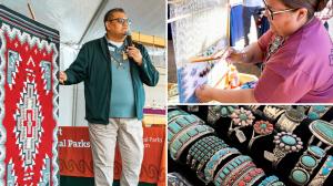 Navajo Trader Wallace James Jr talks while gesturing to colorful Navajo weaving; Navajo weaver Tonita Yazzie gives live demonstration; colorful sterling silver jewelry with precious stones
