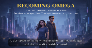 Becoming Omega book hero banner showing male and female protagonists in a futuristic city, representing a dystopian alpha omega romance with themes of power, survival, and transformation
