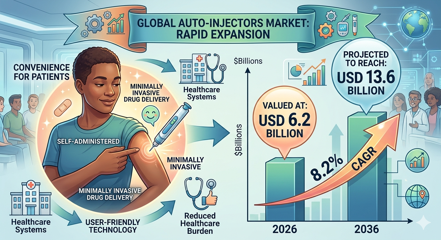 Auto-Injectors Market to Reach USD 13.6 Billion by 2036, Driven by Chronic Disease Prevalence and Self-Administration