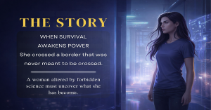Becoming Omega book hero banner showing male and female protagonists in a futuristic city, representing a dystopian alpha omega romance with themes of power transformation and survival