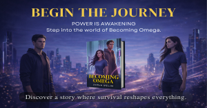 Becoming Omega book promotional banner showing alpha omega characters and book cover in futuristic city representing dystopian sci fi romance themes of power and transformation