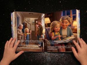 Open interior pages of a printed MIBOOKO personalized children’s storybook.