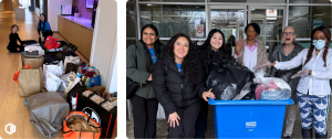 ProServeIT team members sorting bags of donated clothing at Microsoft Toronto and delivering donations to Dress for Success Toronto at the #EmpowerWomen2026 event.
