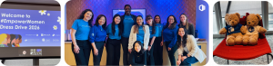 ProServeIT team group photo in matching blue shirts at the #EmpowerWomen Dress Drive 2026 welcome stage at Microsoft Canada's Toronto office, with event branding and sponsor logos visible.