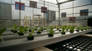 Hydroponic plants grow in a greenhouse.