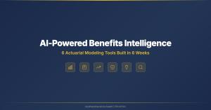 Infographic showing AI-Powered Benefits Intelligence with six actuarial modeling tool icons representing the Benefits Intelligence Platform at businessinsurance.health