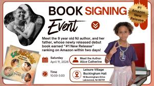 Nine year old 3rd grader and debut author, Alice Catherine, with her father, Tom Tracy – an award-winning children’s book author, independent publisher, and NJ licensed clinical social worker, have released their first collaborative project: "Seasons: A Child’s Perspective" Image of a young girl - Alice Catherine - standing and giving a peace sign. There is an image of a book cover of the book "Seasons: A Child's Perspective" is in the background. Information a book signing event is included. Event is on April 11 from 10: