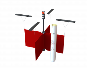 Rendered image of the iSLDMB showing the buoy housing alongside its deployed drogue system, including stabilizing arms and underwater sail panels designed to track ocean surface drift.