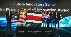The Aramco Innovation Award winners on stage at the WRO 2025 international final