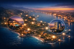 Coastal city and hillside homes linked by glowing network nodes illustrating a connected property ownership network