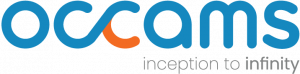 The logo for Occams features lowercase, rounded sans-serif typography in a vibrant blue. The letters "o" and "c" are stylistically linked to form an infinity symbol, with a small segment of the connecting curve highlighted in bright orange. Below the main