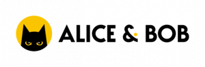 Black cat peers out of a golden circle with Alice & Bob logo