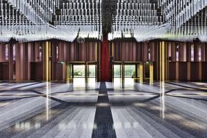 wide angle of the terrazzo floor and chandelier